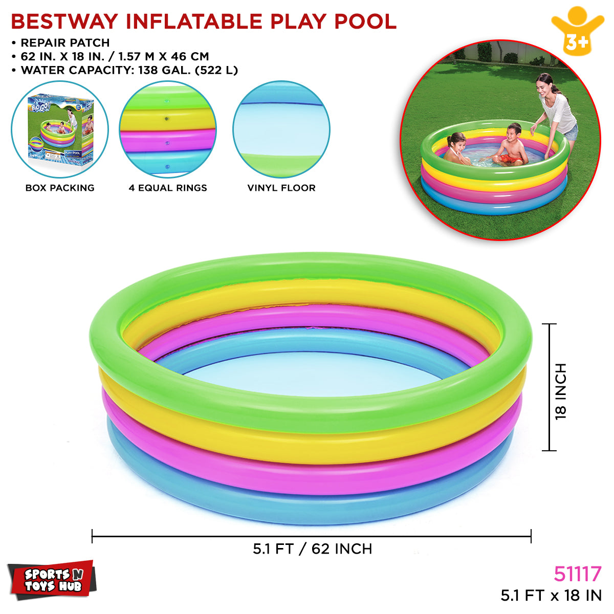 Bestway 5 Ft 4 Rings Inflatable Summer Set Swimming Pool For Kids - 51117