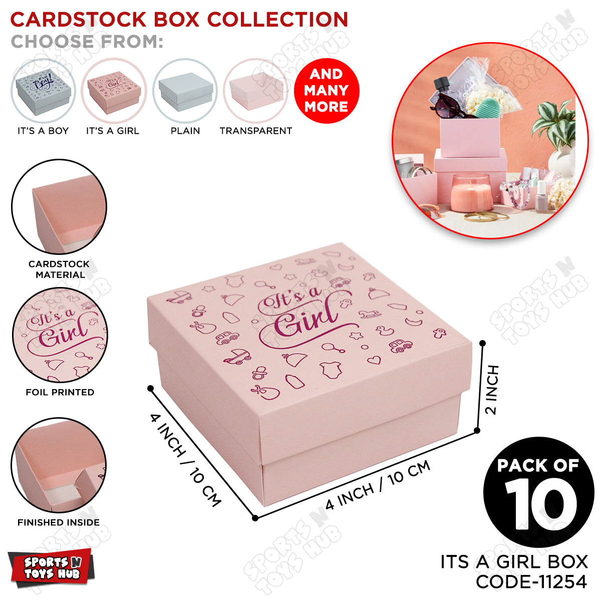 Card Stock Printed Its A Girl Lid Box 4x4x2 Inch - Pack Of 10