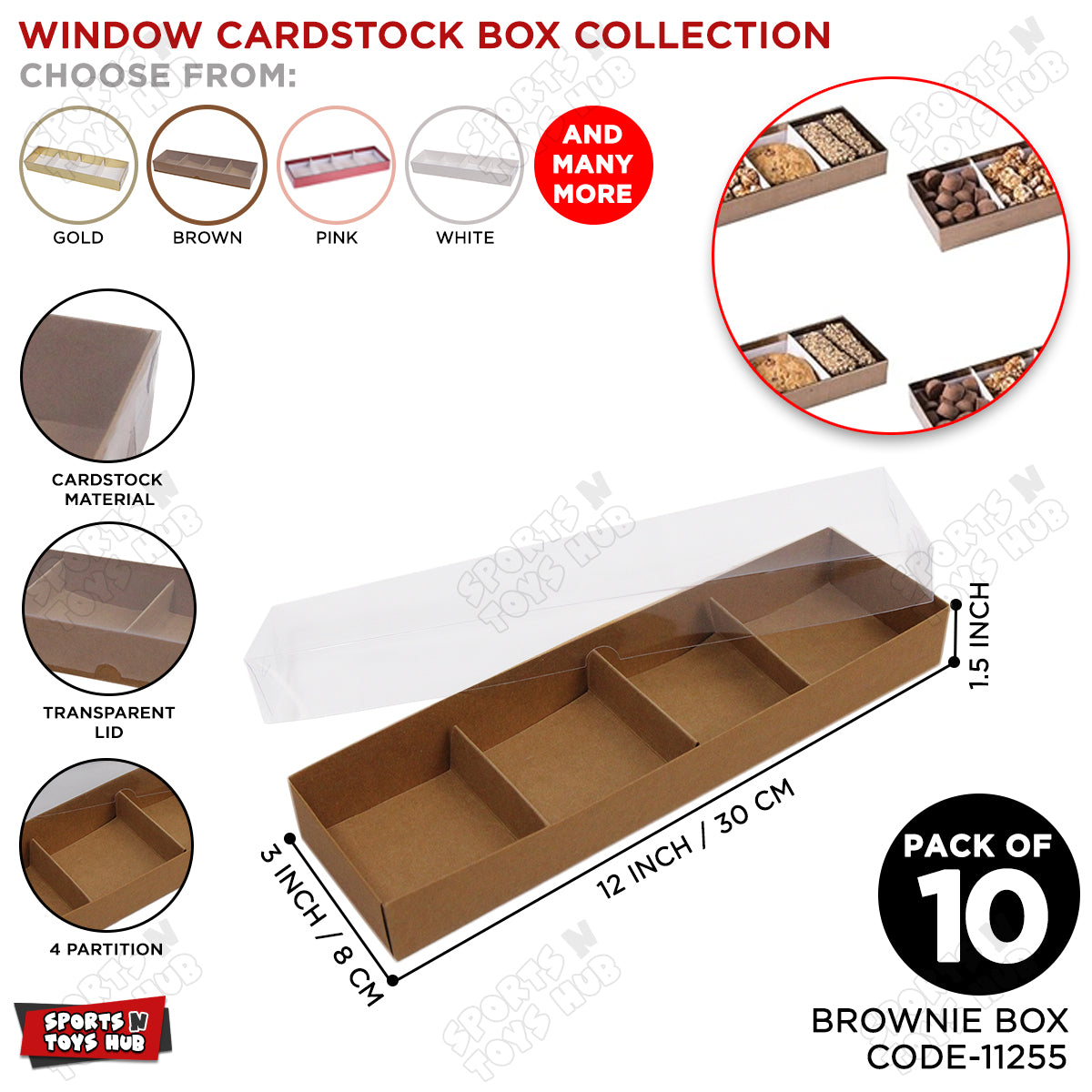Long Brownie Clear Lid 4 Partition Box 3x12x1.5 Inch - Pack Of 10