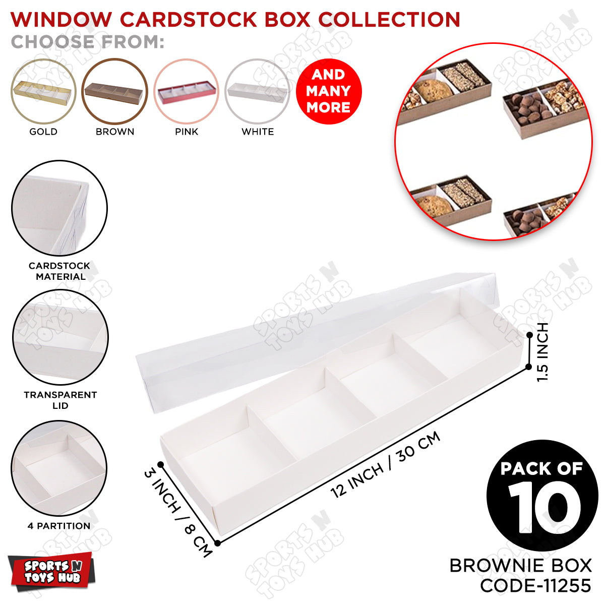 Long Brownie Clear Lid 4 Partition Box 3x12x1.5 Inch - Pack Of 10