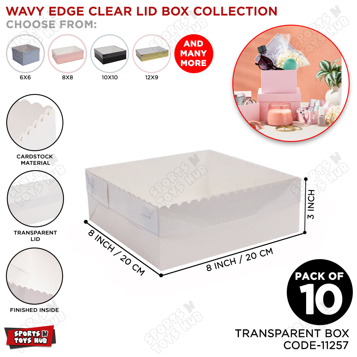 Wavy Edge Clear Lid Box 8x8x3 Inch - Pack Of 10