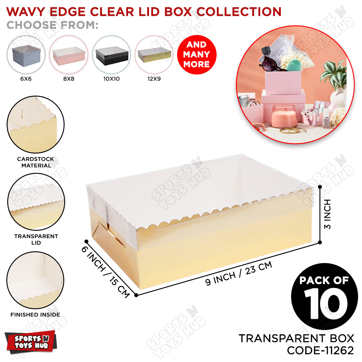 Wavy Edge Clear Lid Box 6x9x3 Inch - Pack Of 10