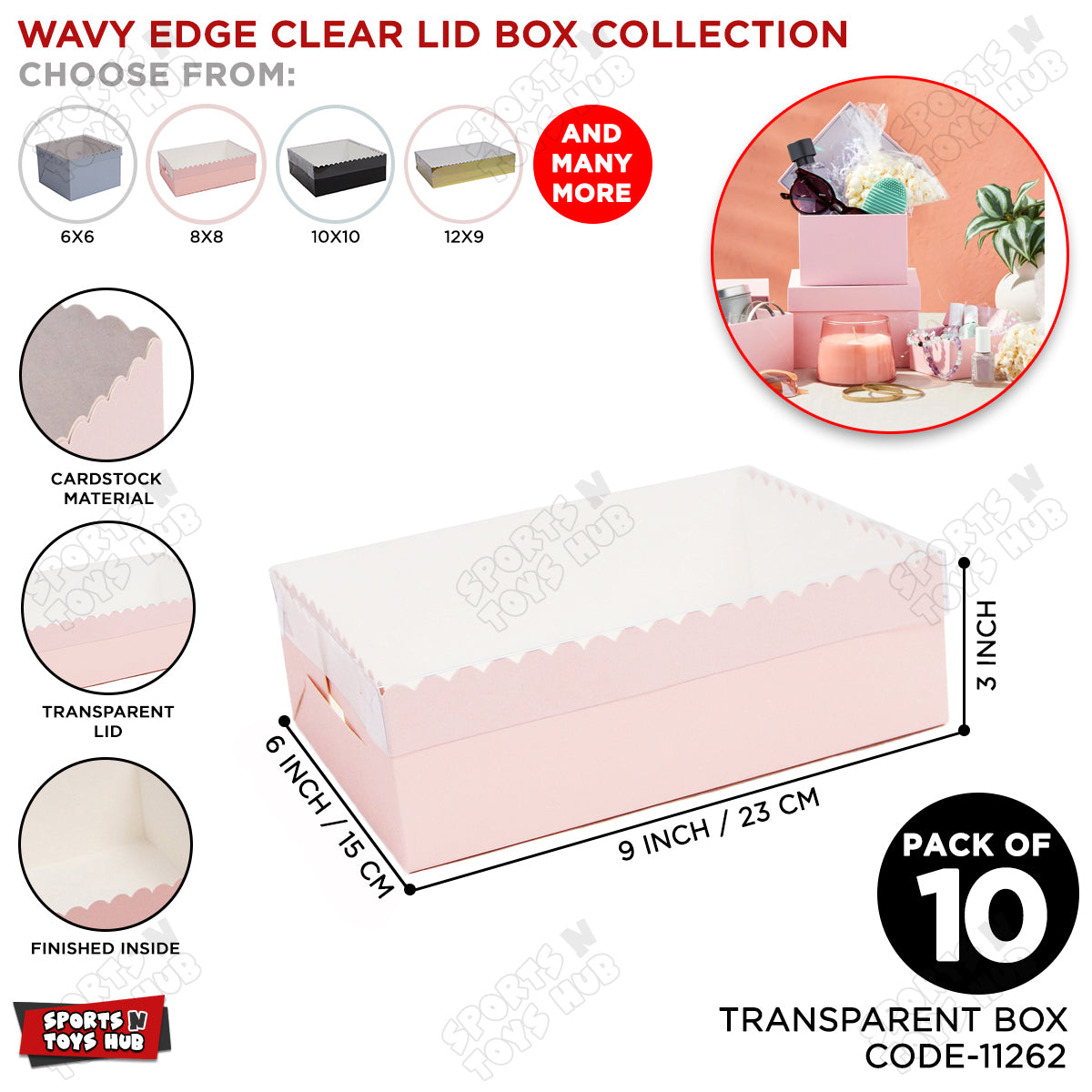 Wavy Edge Clear Lid Box 6x9x3 Inch - Pack Of 10