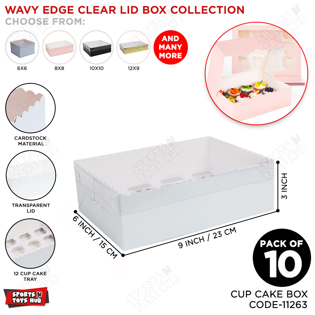 Wavy Edge Clear Lid Box With 12 Mini Cup Cake Tray 6x9x3 Inch - Pack Of 10