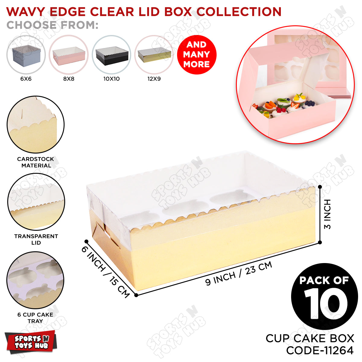 Wavy Edge Clear Lid Box With 6 Regular Cup Cake Tray 6x9x3 Inch - Pack Of 10