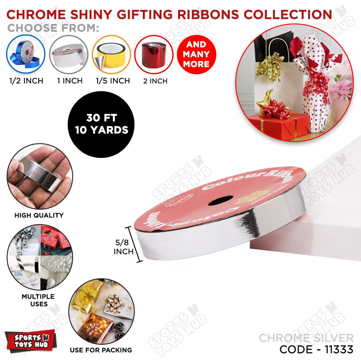 5/8 Inch x 10 Yards – Shiny Metallic Chrome Curling Ribbons for Bouquet Wrapping, Gift Packing & Party Decorations