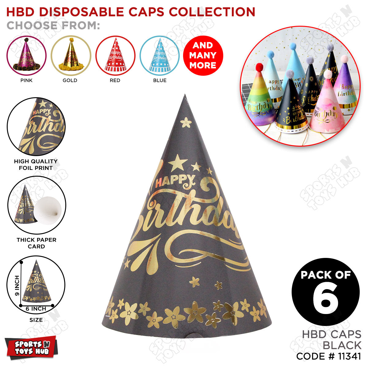 Happy Birthday Foil Printed Caps - Pack Of 6