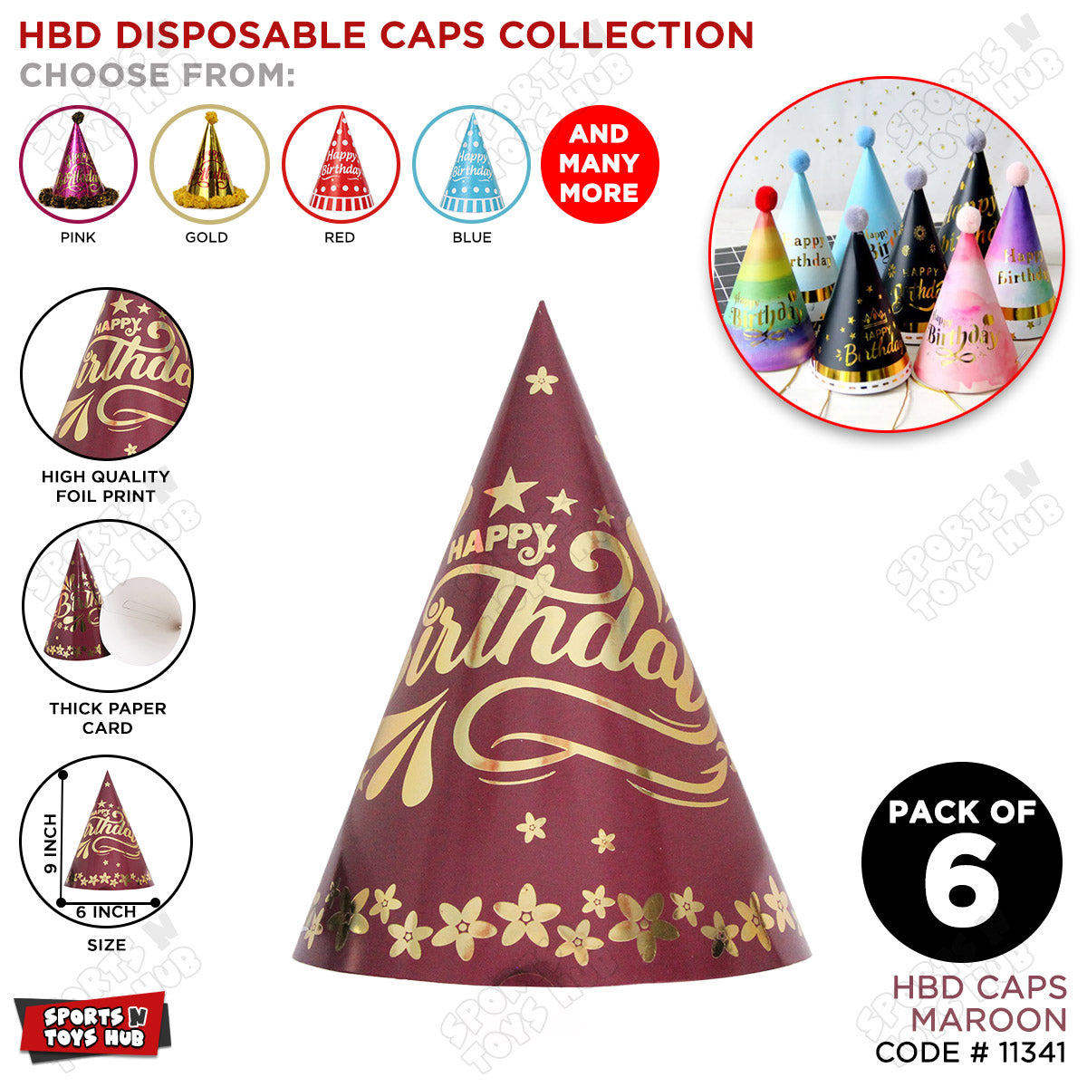 Happy Birthday Foil Printed Caps - Pack Of 6