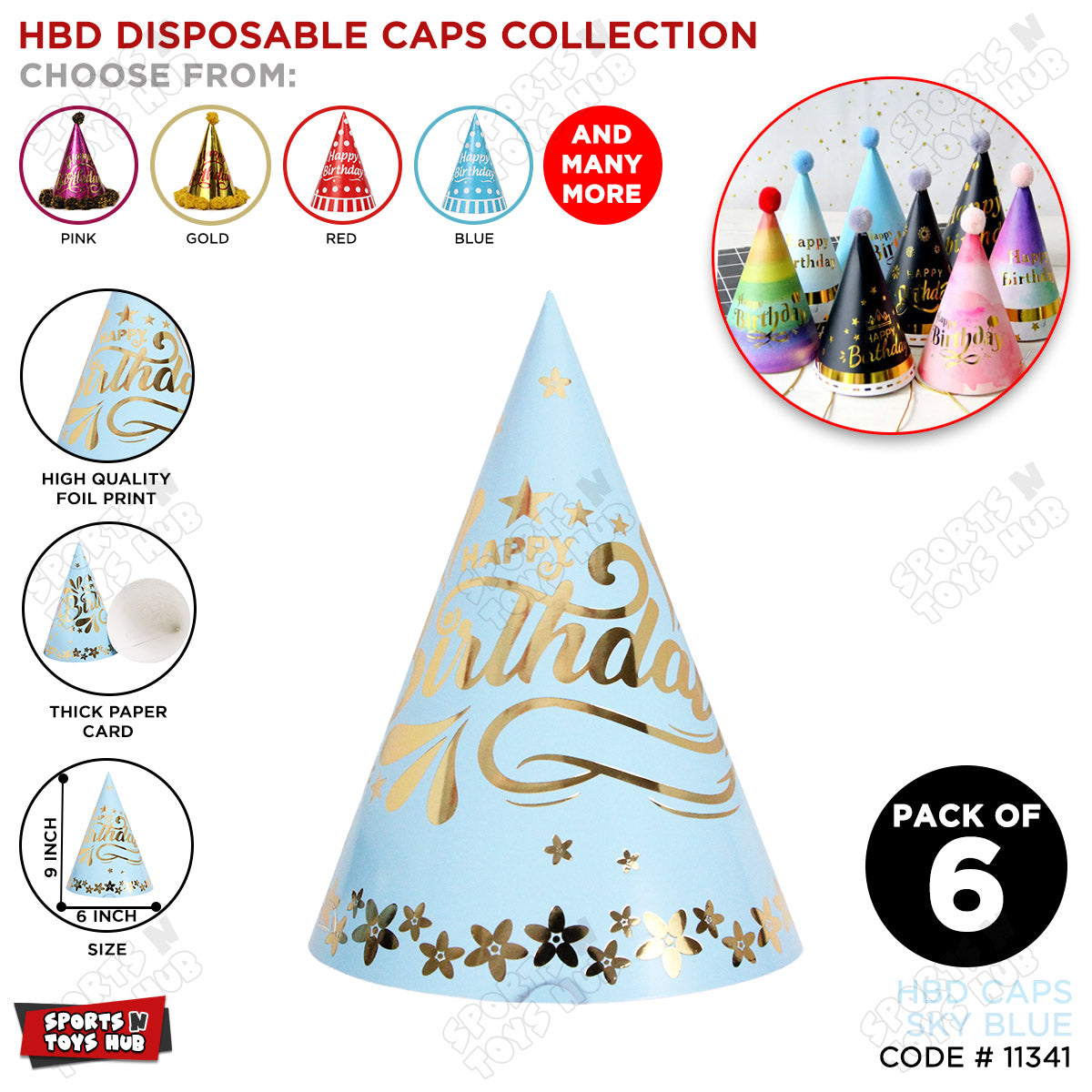 Happy Birthday Foil Printed Caps - Pack Of 6