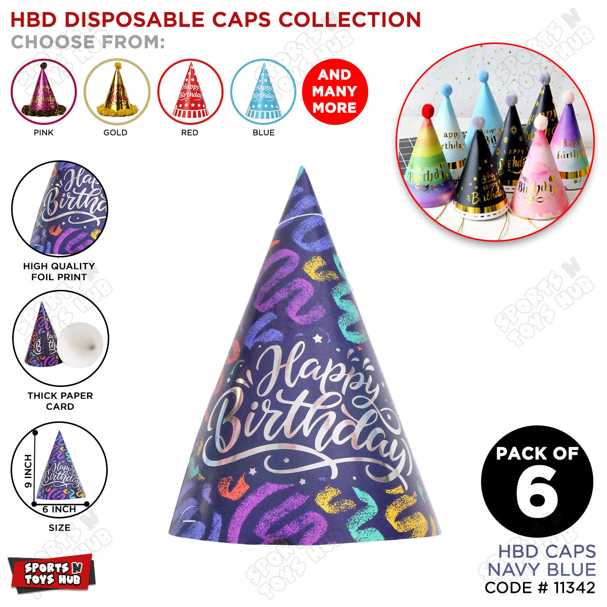 Happy Birthday Foil Printed Caps - Pack Of 6