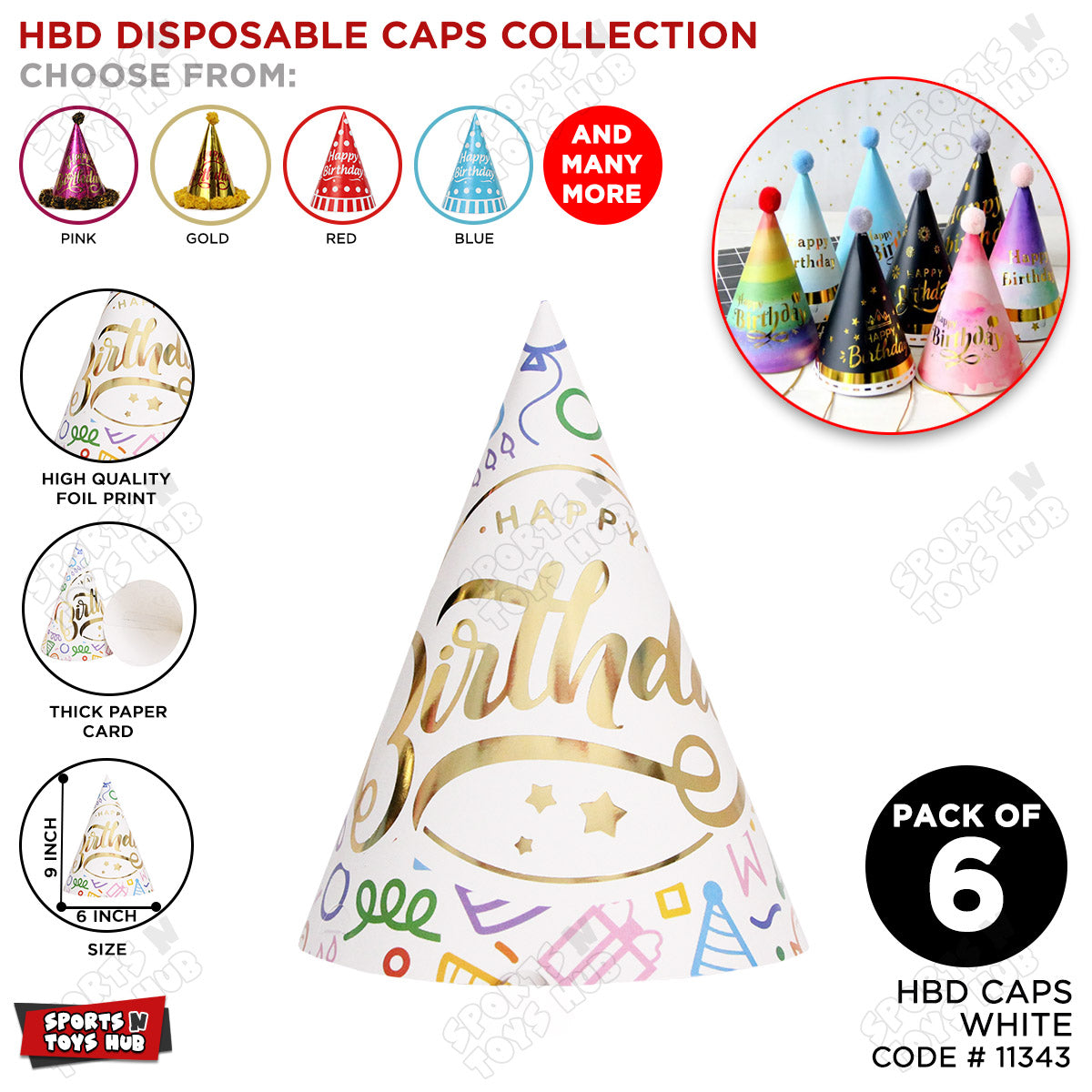 Happy Birthday Foil Printed Caps - Pack Of 6