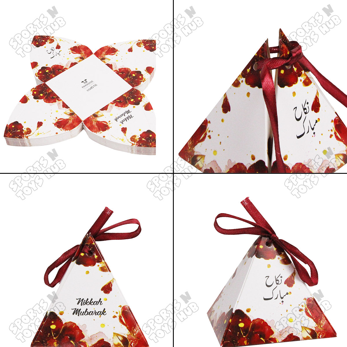 Floral Pyramid Favor Nikkah Mubarak Red Rose Flower Print Bid Box