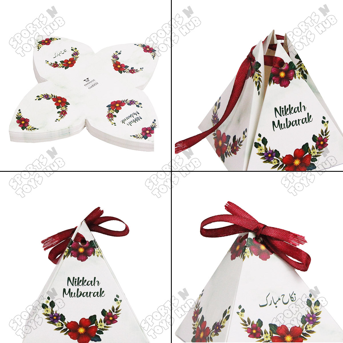 Floral Pyramid Favor Nikkah Mubarak Red Flower Print Bid Box