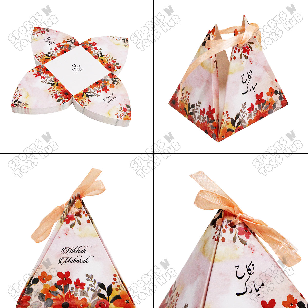 Floral Pyramid Favor Nikkah Mubarak Orange Flower Print Bid Box
