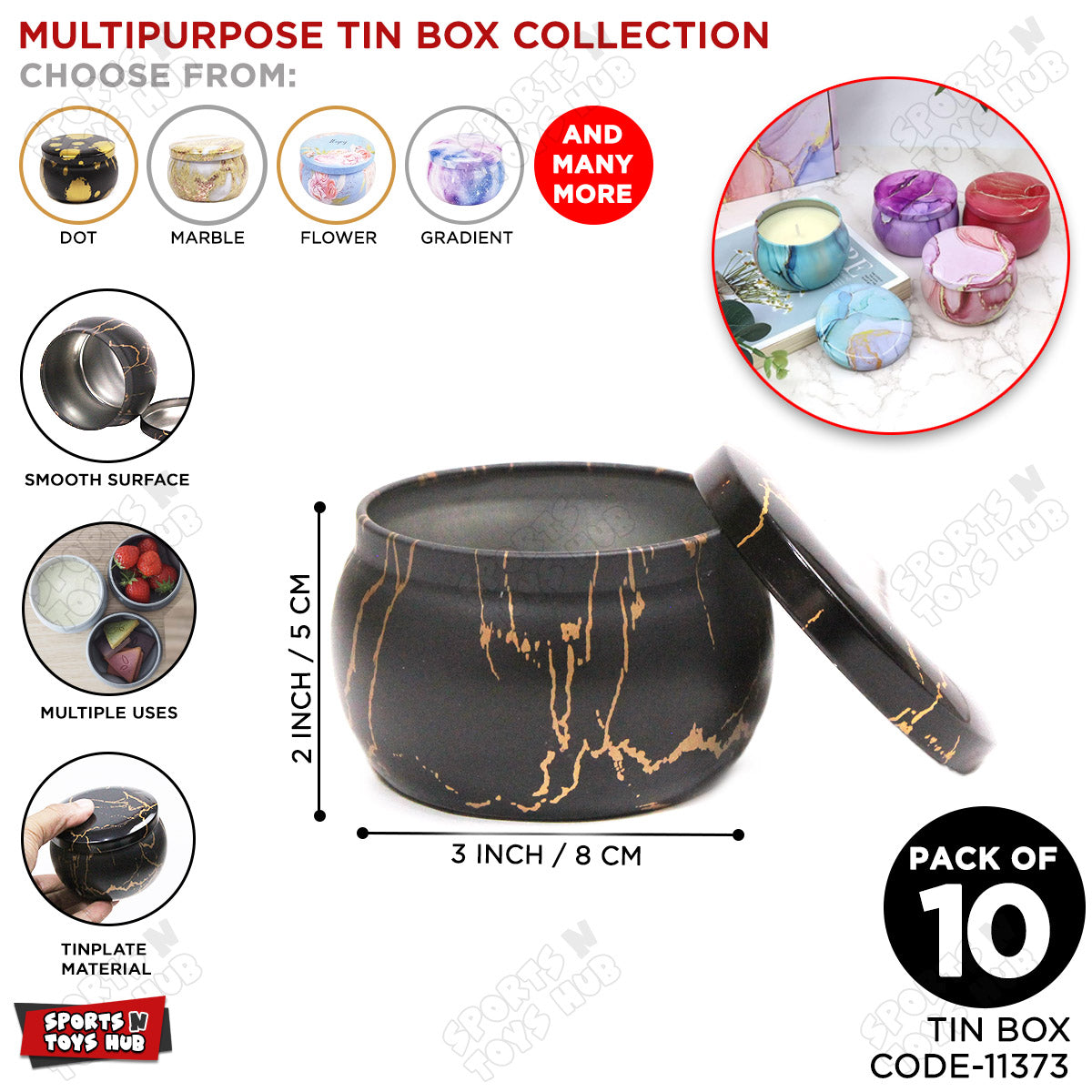 Tin Black Marble With Gold Streaks Pattern Multipurpose Box