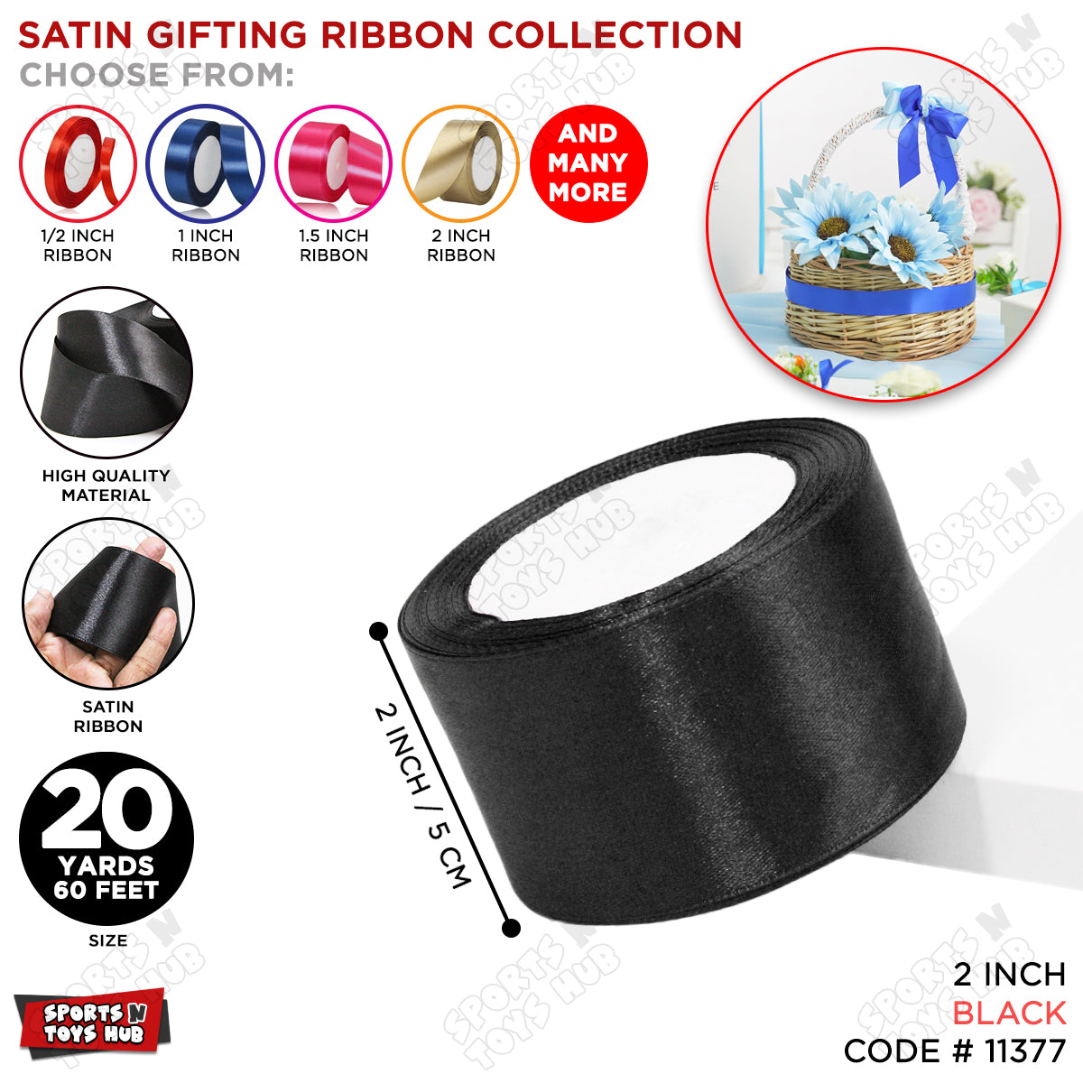 2 Inch x 20 Yards – Plain Satin Ribbon Roll for Ribbon Flowers, Crafts, Gift Wrapping & Decor