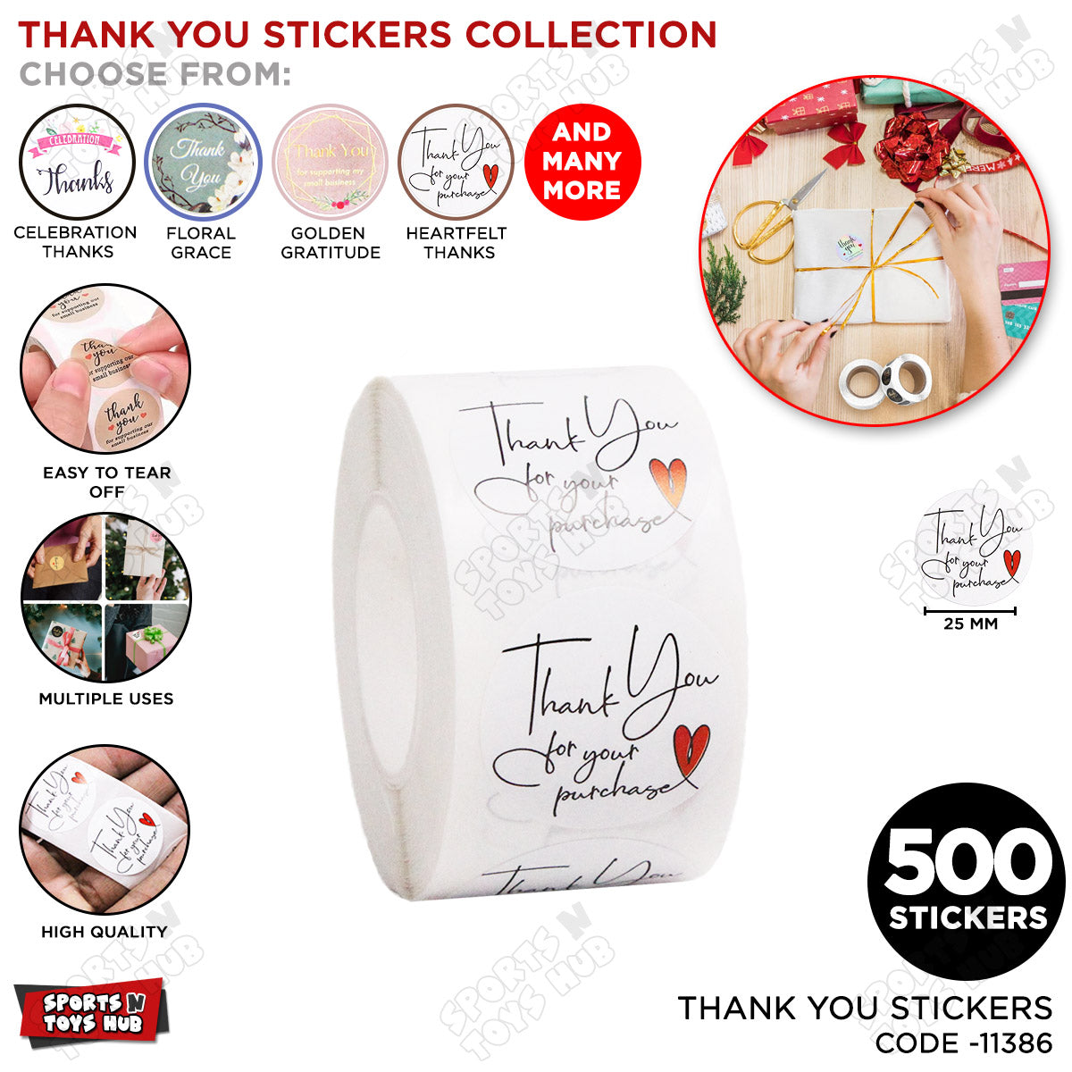 Thank You for your Purchase Heartfelt Thanks Stickers Roll - 500 PCS