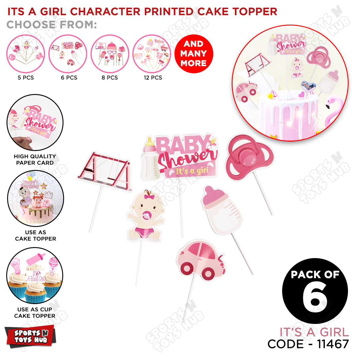 Its a Girl Baby Shower Cake Topper - 6 Pcs