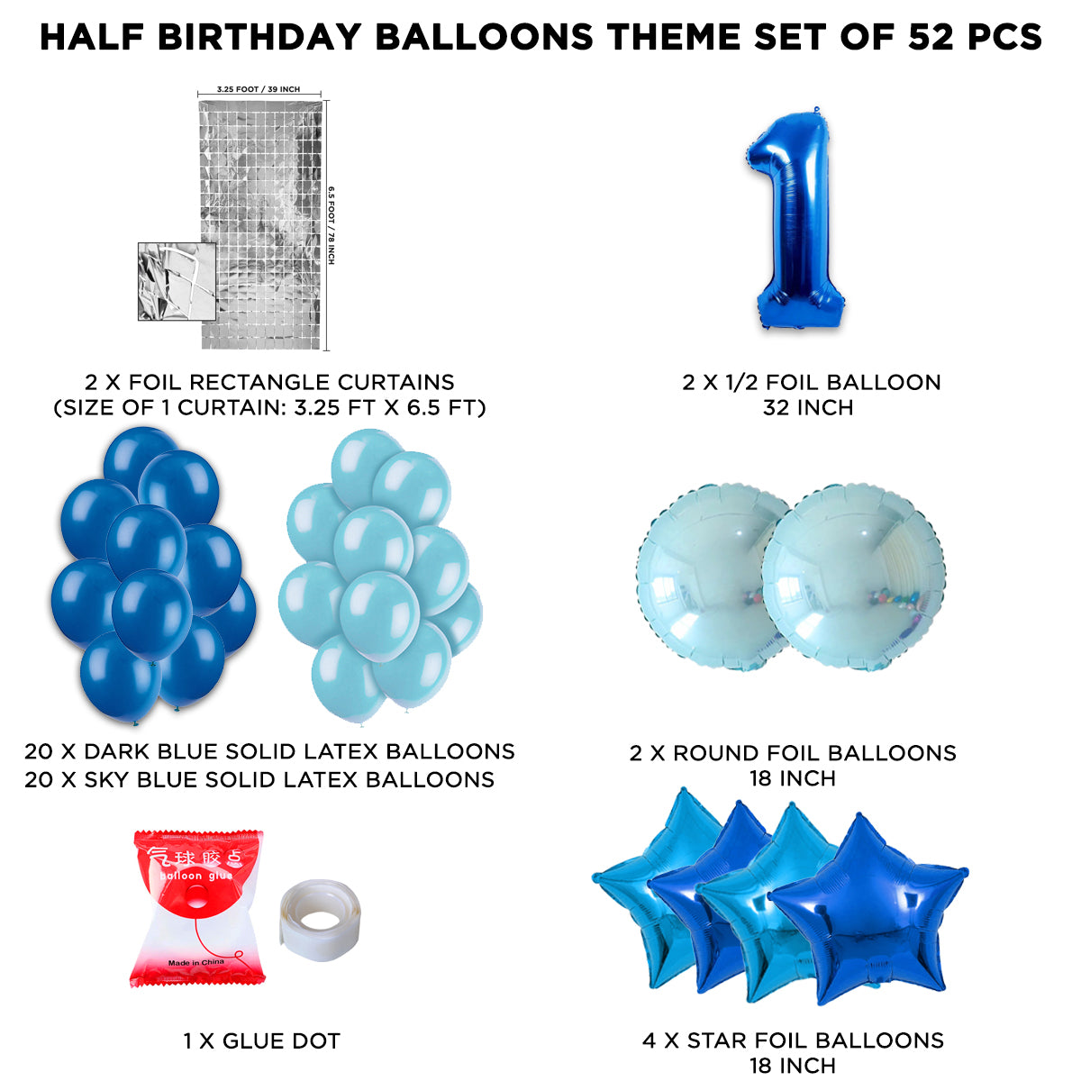 Half Birthday Foil Balloon Theme With Rectangle Curtain - Blue