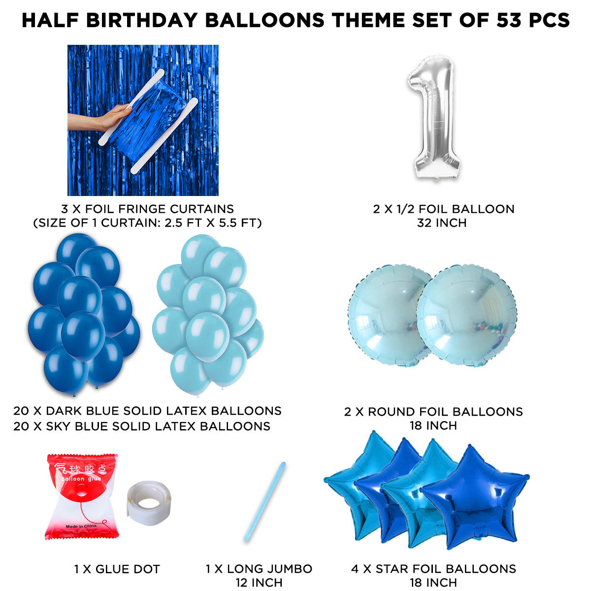 Half Birthday Foil Balloon Theme With Curtain - Blue