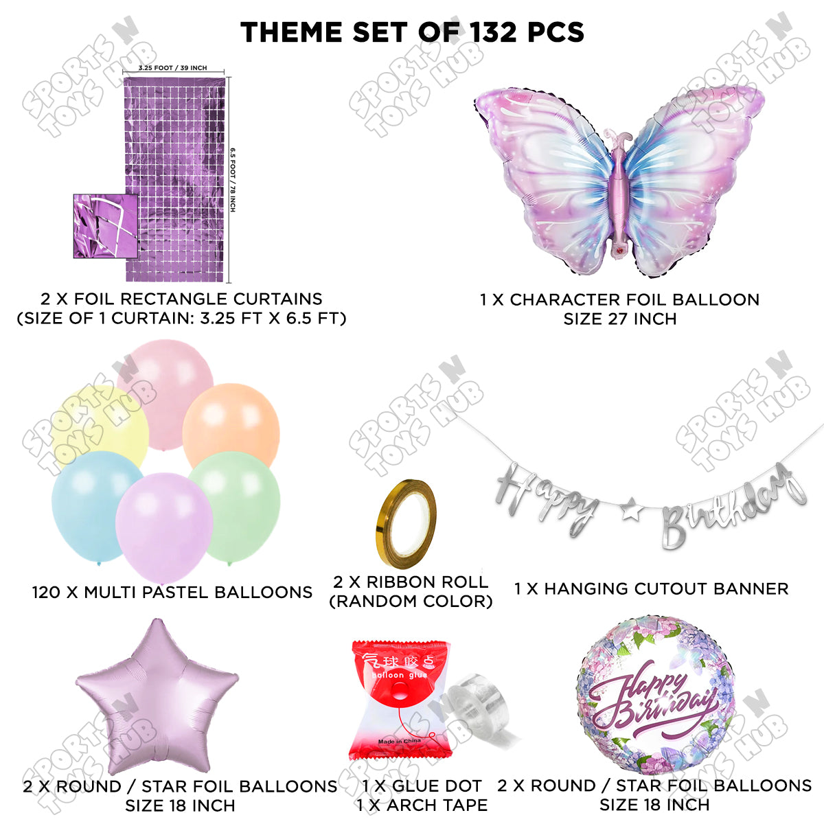 Butterfly Foil Balloon Set With Happy Birthday Cursive Banner Arch Theme - Pack Of 132