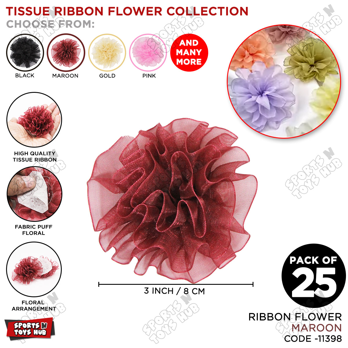 3 Inch - Tissue Ribbon Puff Flowers – Pack of 25 Decorative Fabric Flowers