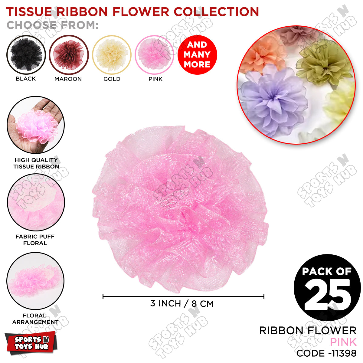 3 Inch - Tissue Ribbon Puff Flowers – Pack of 25 Decorative Fabric Flowers
