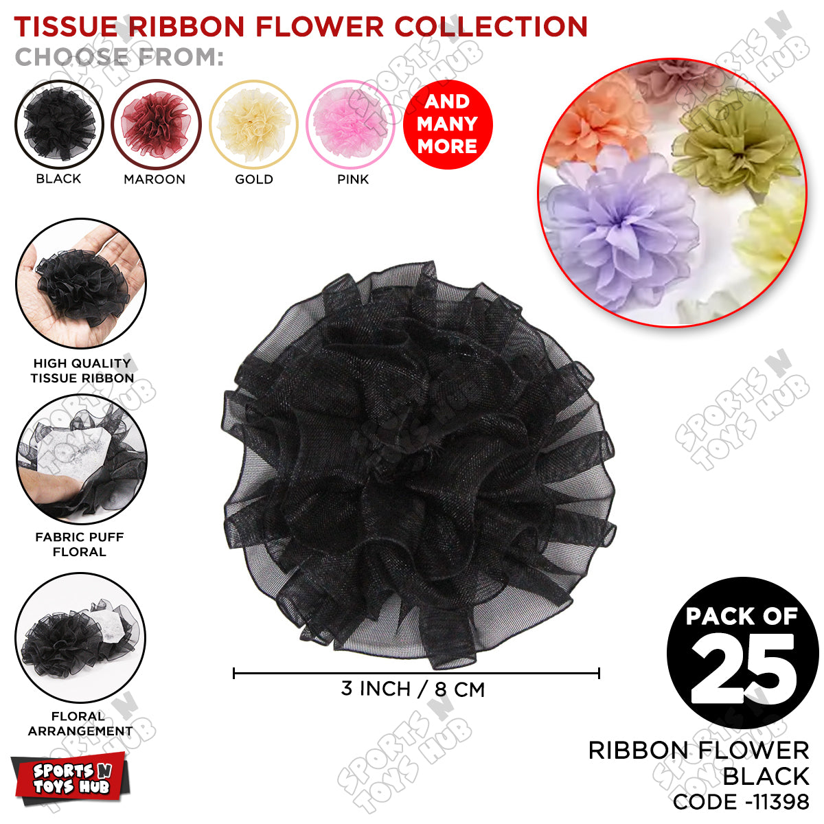 3 Inch - Tissue Ribbon Puff Flowers – Pack of 25 Decorative Fabric Flowers