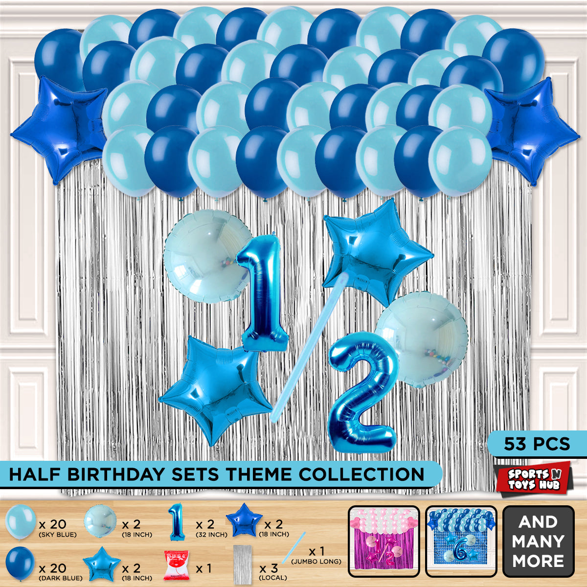 Half Birthday Foil Balloon Theme With Curtain - Blue