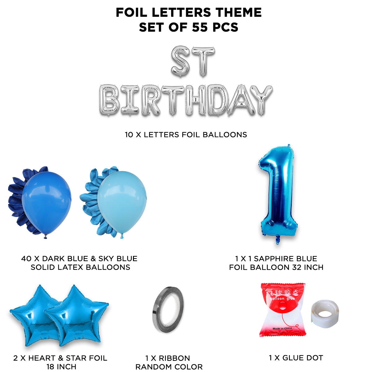 1ST Birthday Foil Letter Theme Without Curtain - Blue