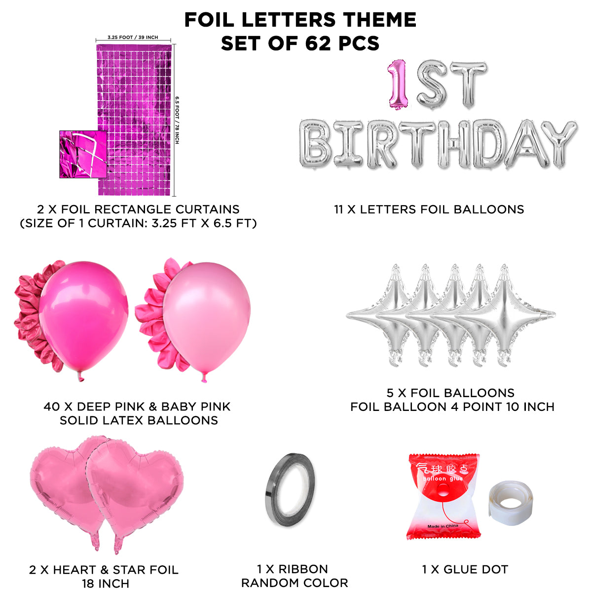 1st Birthday Foil Letter Theme With Rectangle Curtain - Pink