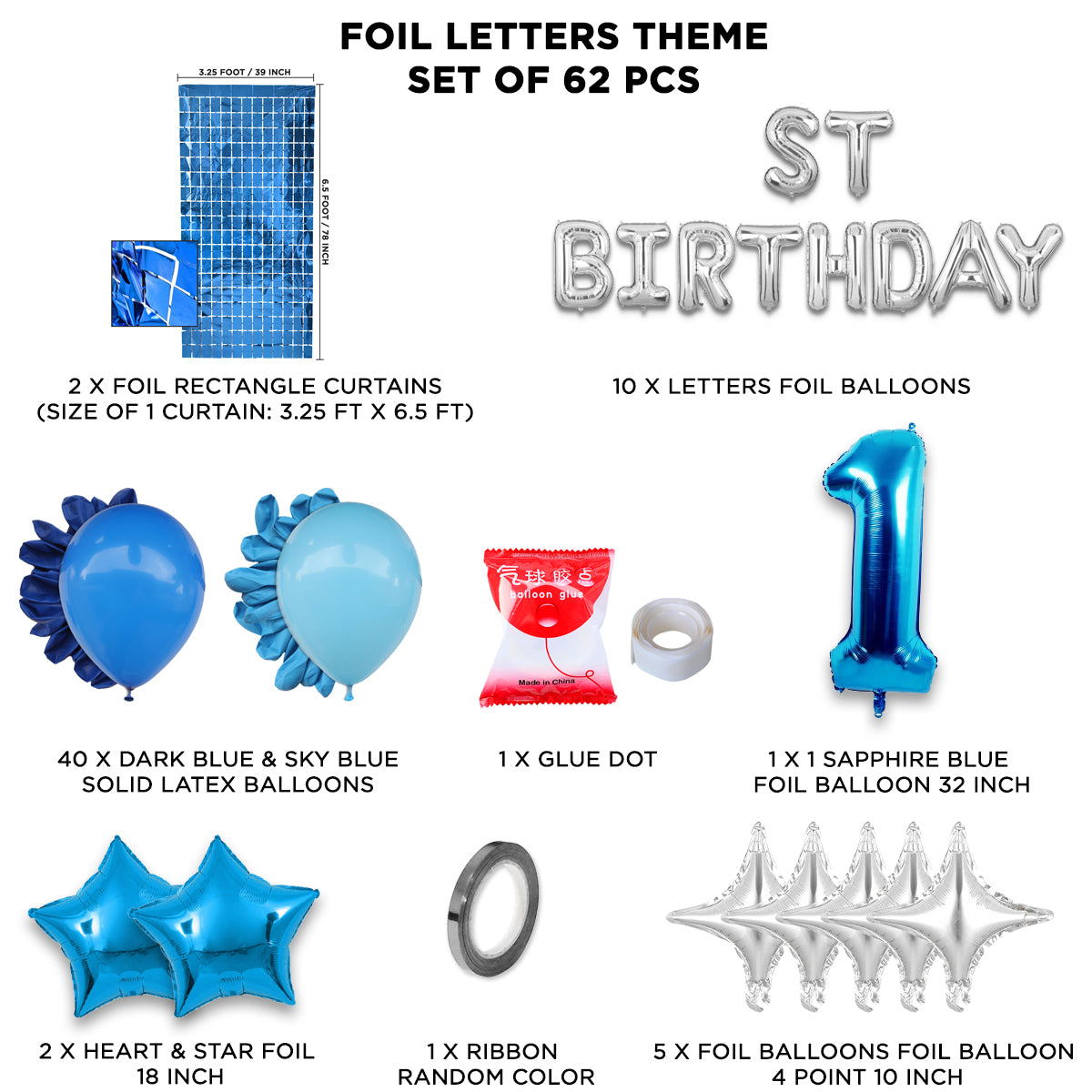 1ST Birthday Foil Letter Theme With Rectangle Curtain - Blue