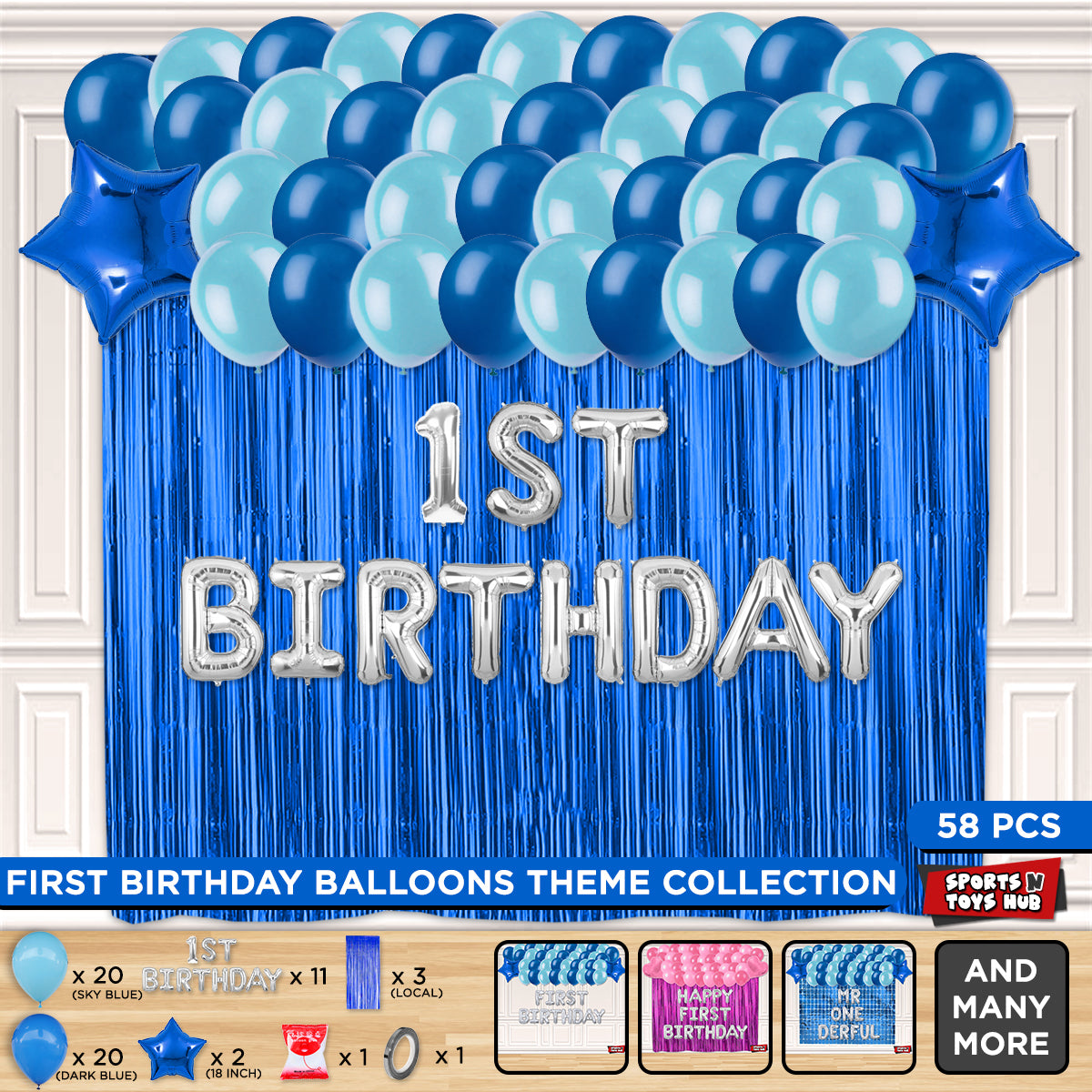 1st Birthday Foil Letter Theme With Curtain - Blue