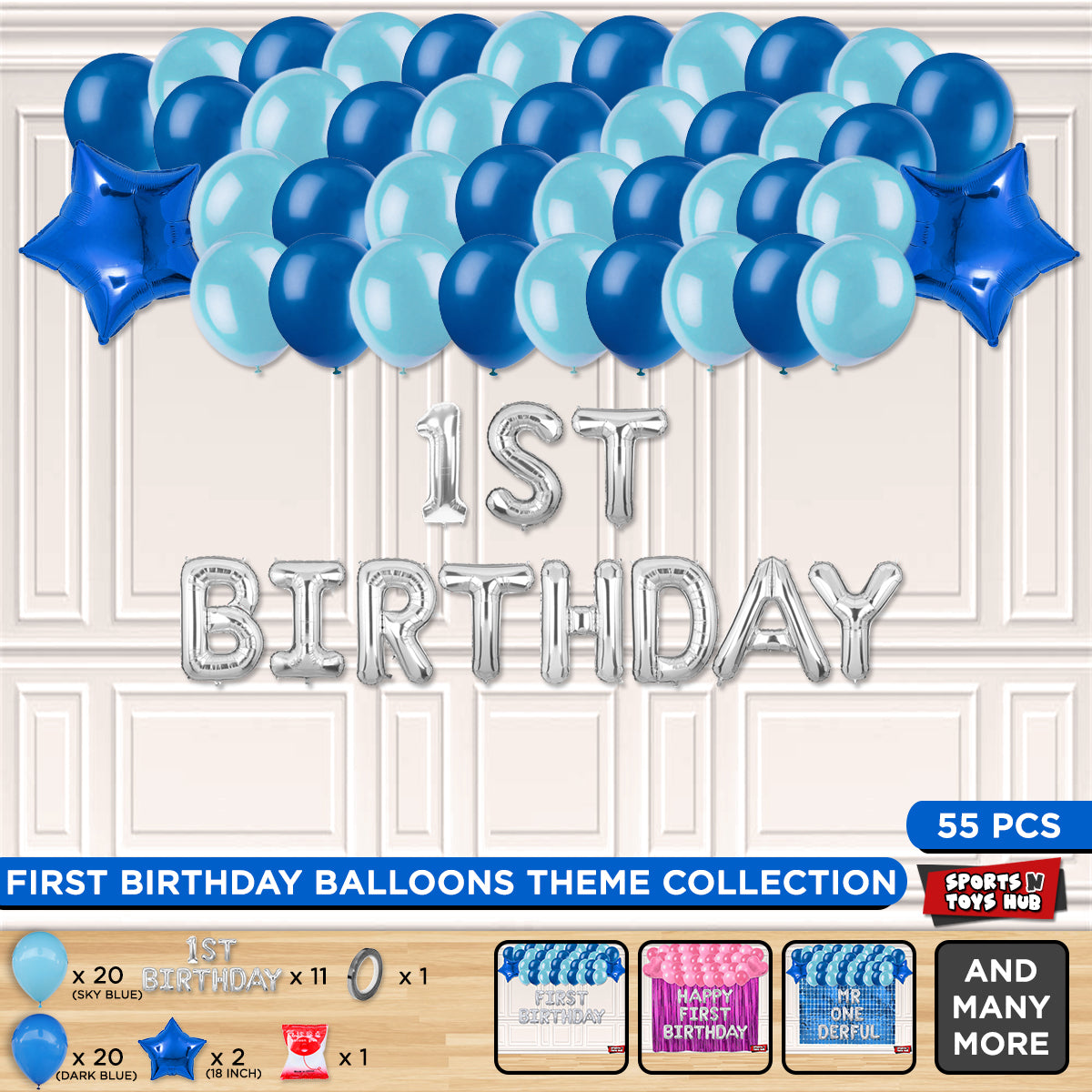 1st Birthday Foil Letter Theme Without Curtain - Blue