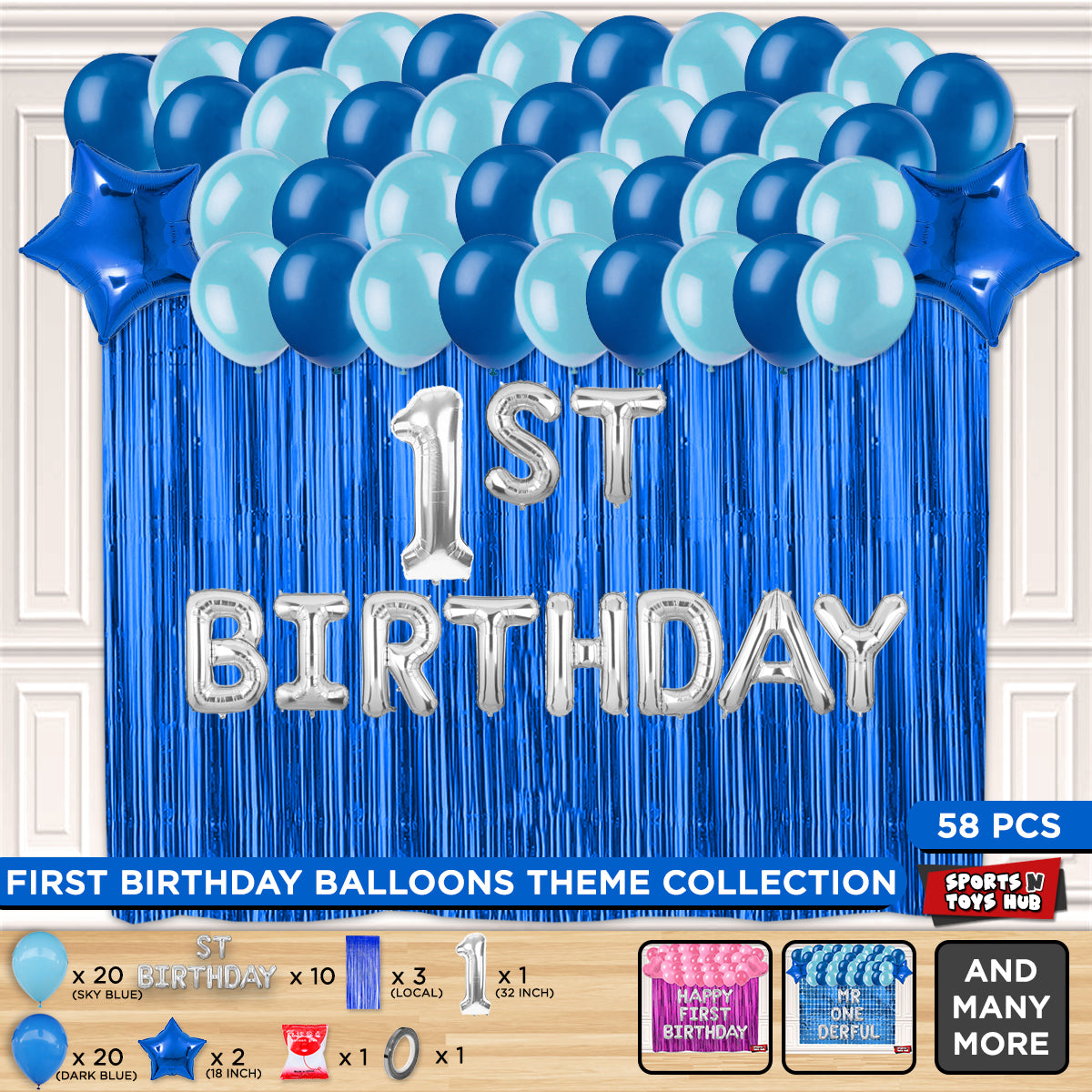1ST Birthday Foil Letter Theme With Curtain - Blue