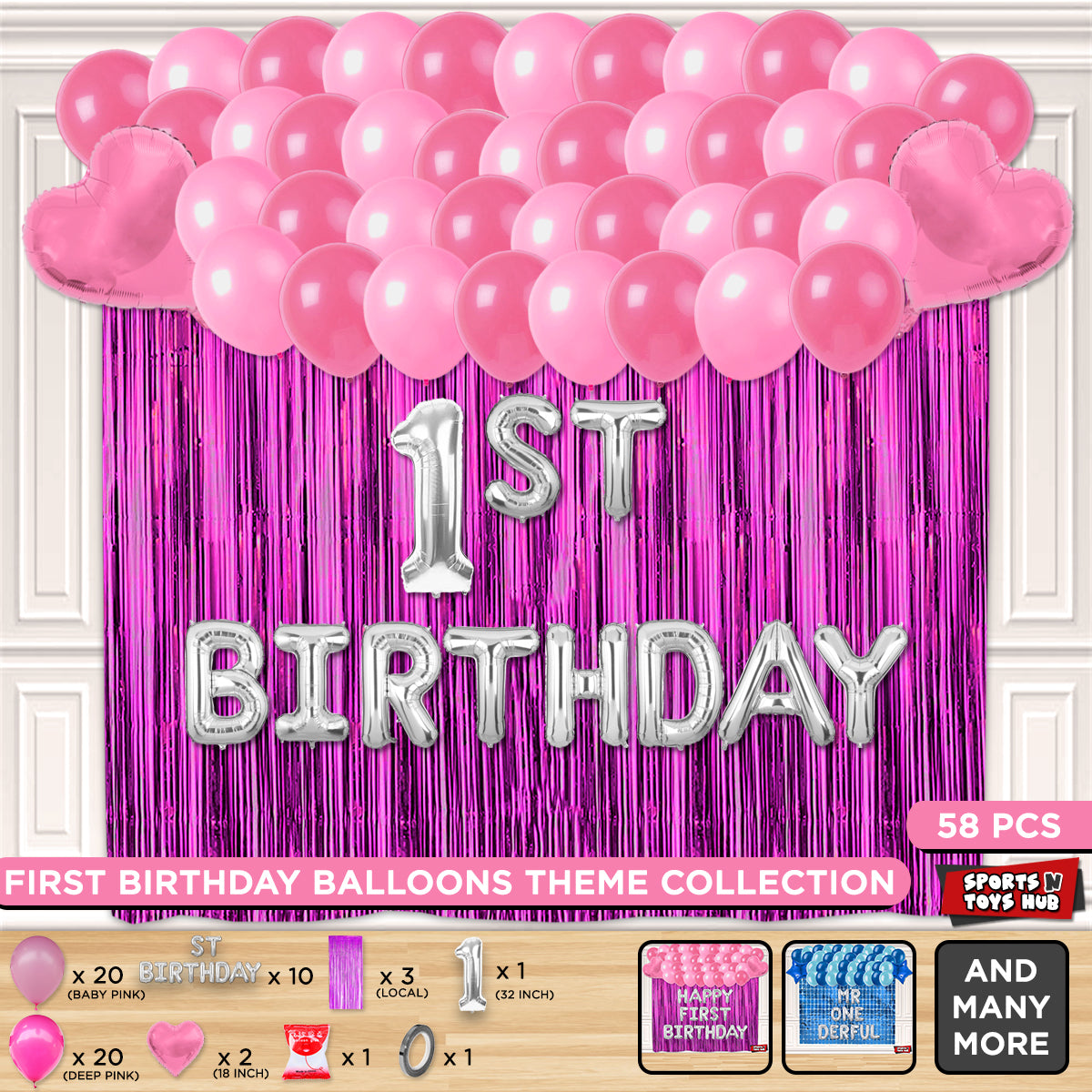 1ST Birthday Foil Letter Theme With Curtain - Pink