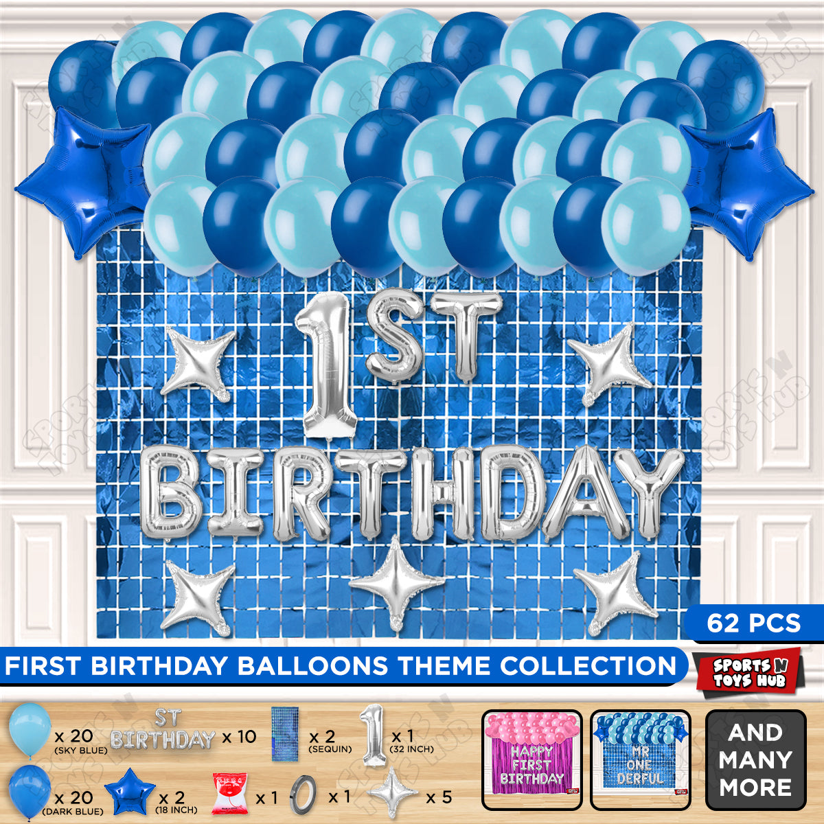 1ST Birthday Foil Letter Theme With Rectangle Curtain - Blue