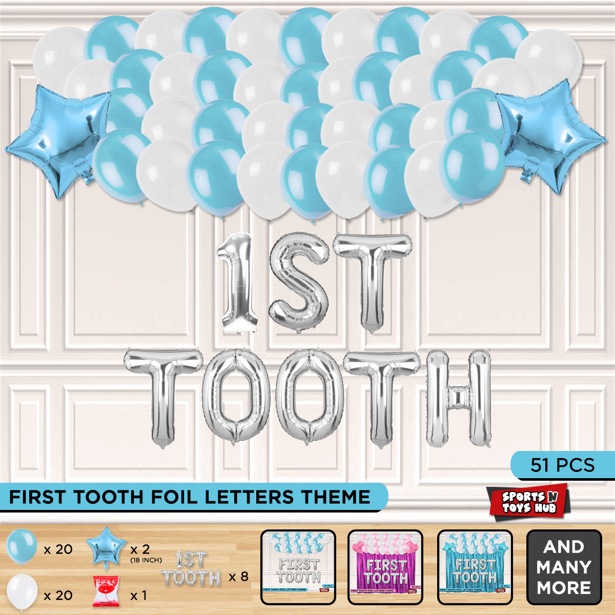 1st Tooth Foil Letters Theme Without Curtain - Blue
