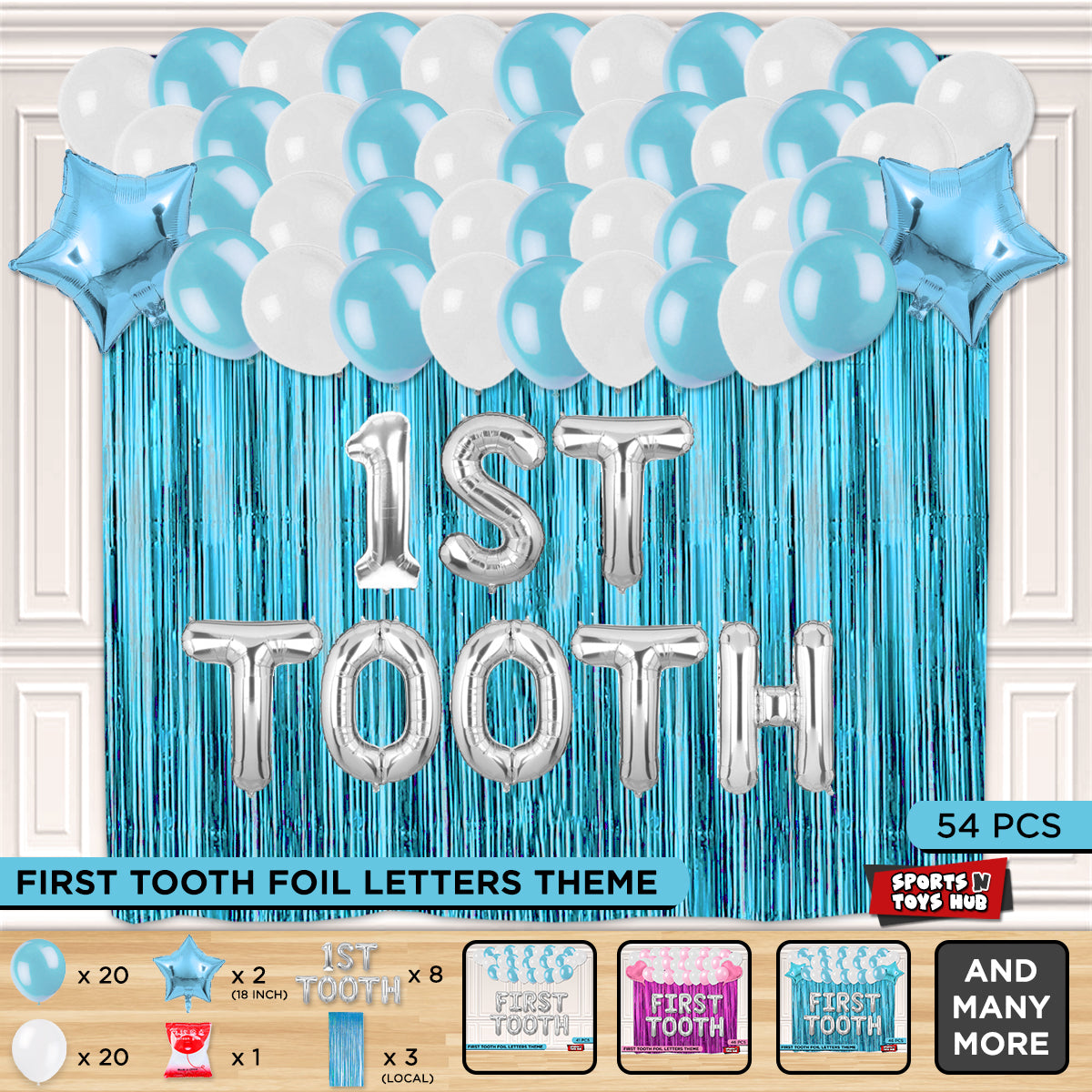 1st Tooth Foil Letters Theme With Curtain - Blue