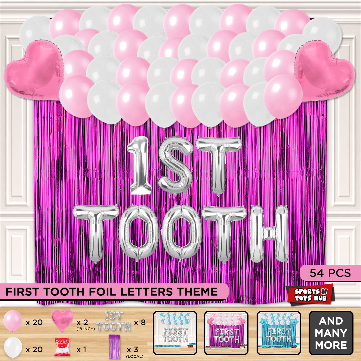 1st Tooth Foil Letters Theme With Curtain - Pink