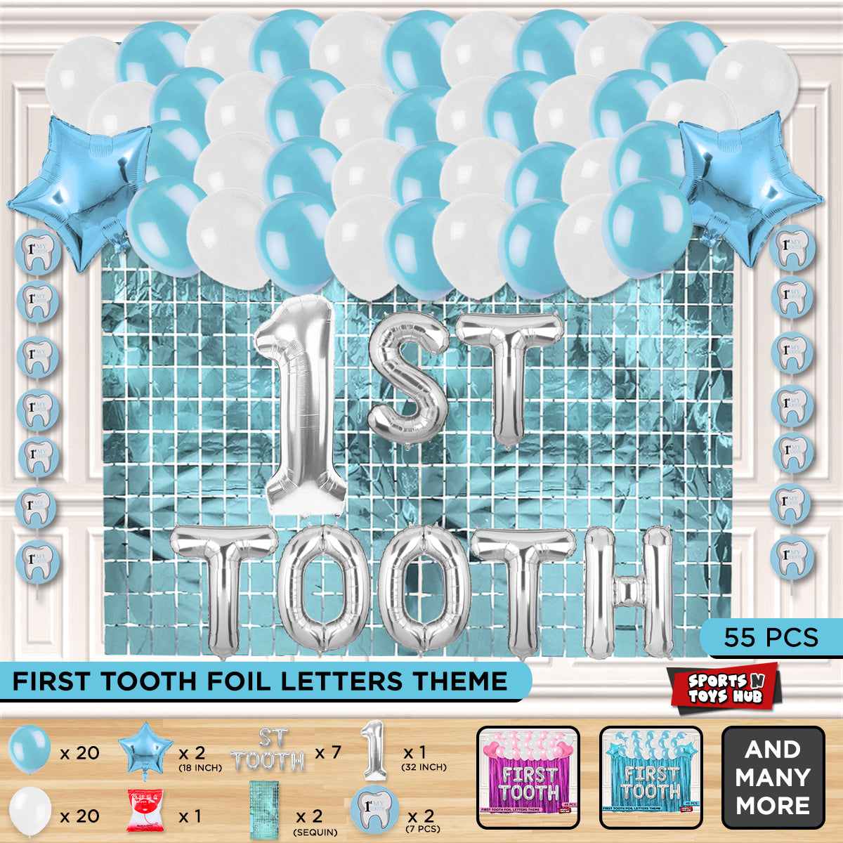 1st Tooth Foil Letters Theme With Rectangle Curtain