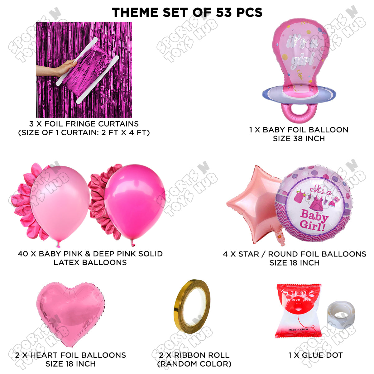 Baby Girl Pacifier Pink Foil Balloon Set Curtain Theme - Pack Of 53