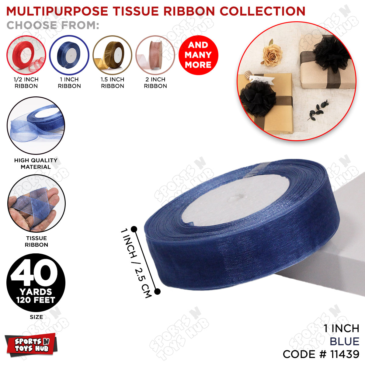 1 Inch x 40 Yards – Multipurpose Tissue Ribbon Roll for Gift Wrapping, Crafts & Decorations