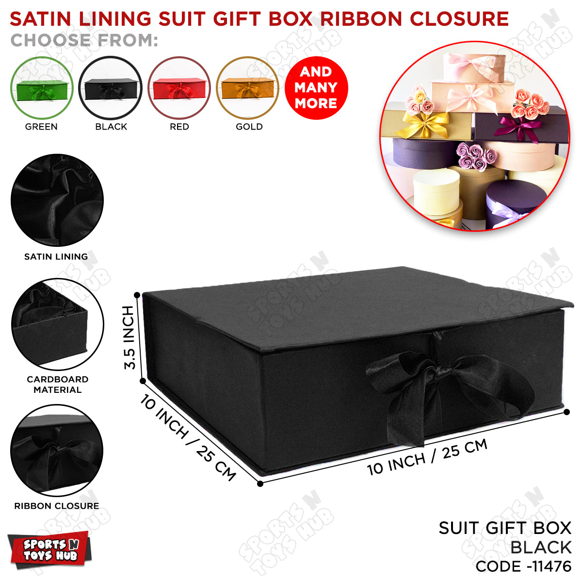 Satin Lining Suit Gift Box Ribbon Closure - 10 x 10 x 3.5 Inches