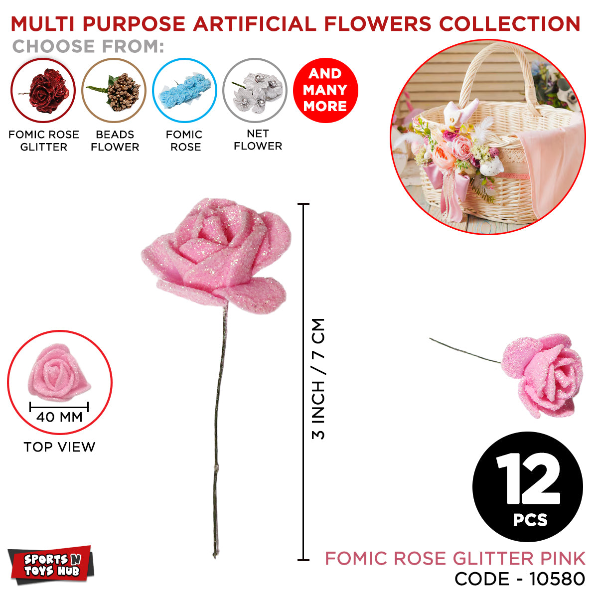 Multi Purpose Artificial 40MM Fomic Rose Flower Glitter