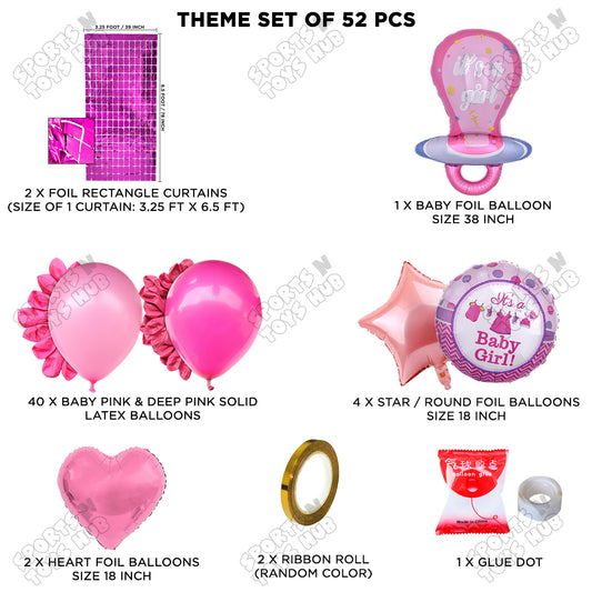 Baby Girl Pacifier Pink Foil Balloon Set Rectangle Curtain Theme - Pack Of 52