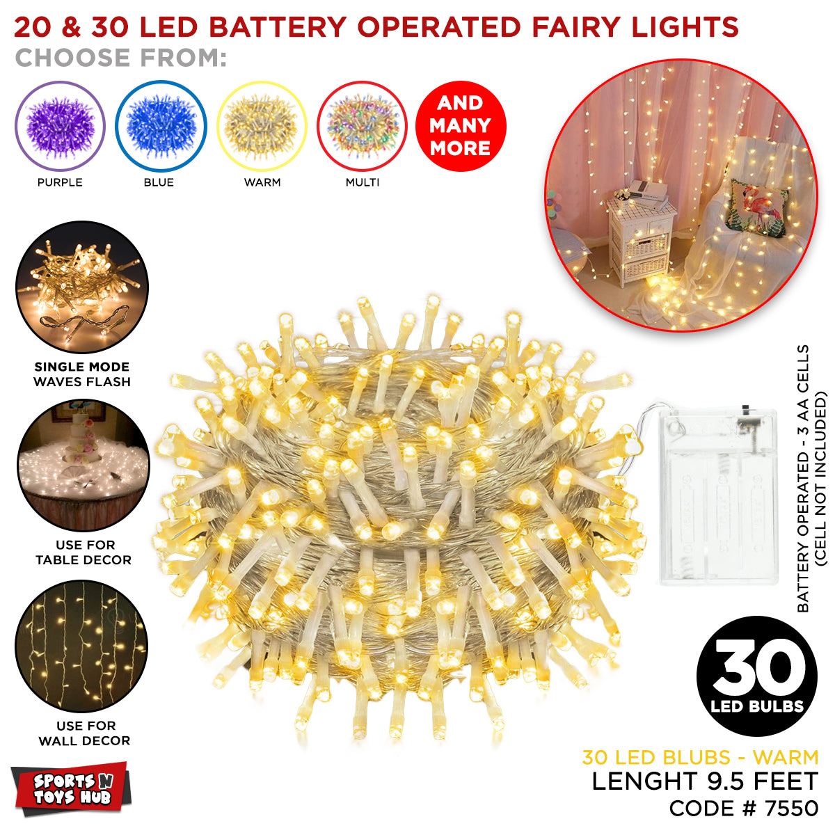 30 LEDs Warm White Lights Battery Operated