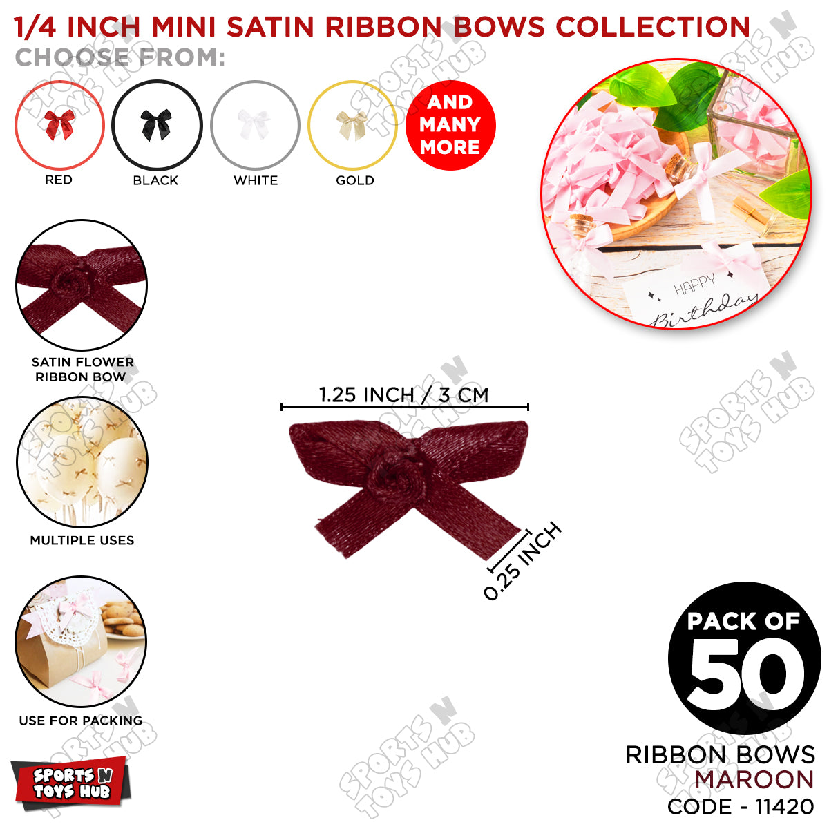 1/4-Inch Satin Ribbon Bows β For Gift Wrapping & Decor - Pack of 50