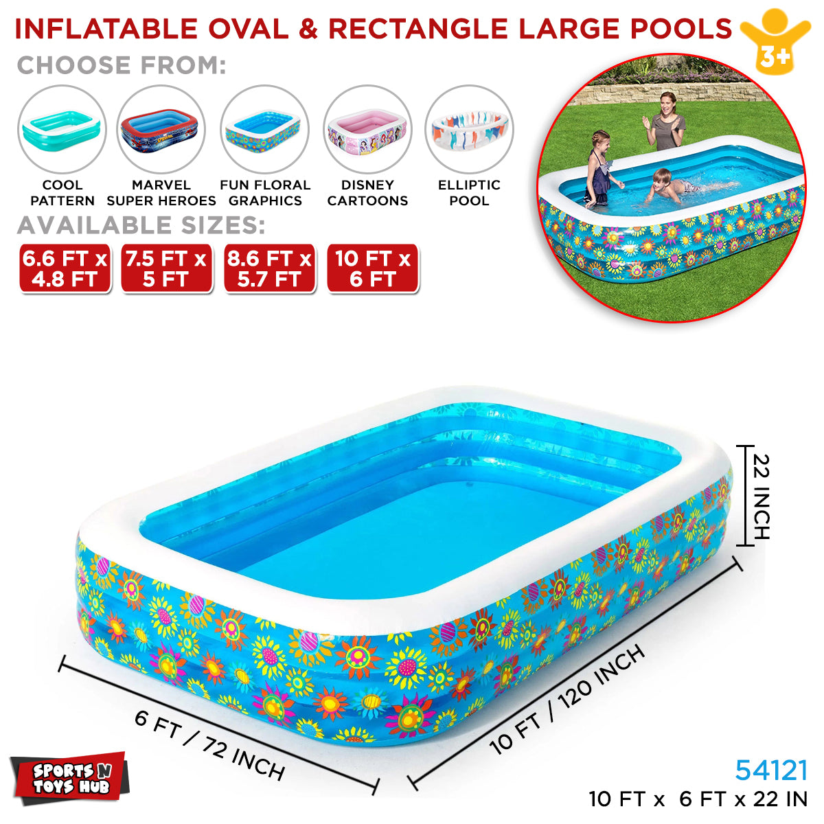 Bestway 6 x 10 FT Inflatable Oval Rectangle Pool - 54121