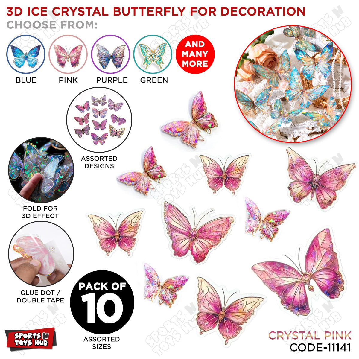 3D Ice Crystal PVC Holographic Butterflies - Pack of 10